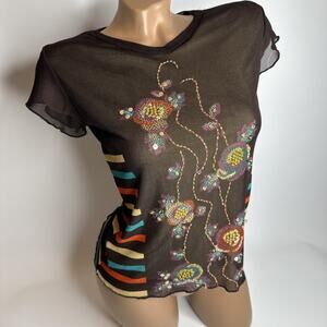 Brown Sheer Mesh Beaded Floral Embroidered Striped Y2K Boho Festival Top S